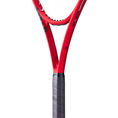 Throat view of red matte tennis racquet with black top, white strings with red logo and black grip. Wilson Clash 100 v2.0. Recessed Clash on the side.