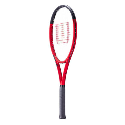 Side view of red matte tennis racquet with black top, white strings with red logo and black grip. Wilson Clash 100 v2.0. Recessed Clash on the side.