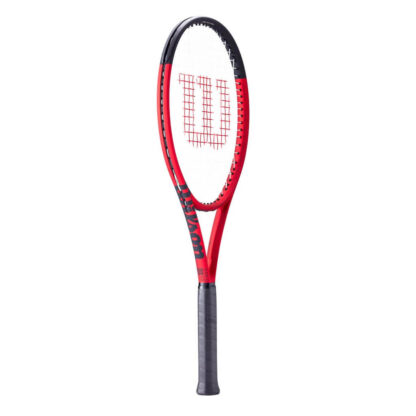 Side view of red matte tennis racquet with black top, white strings with red logo and black grip. Wilson Clash 100 v2.0. Wilson in black writing on the side.
