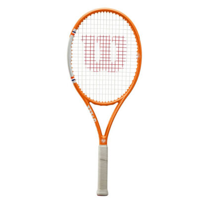Orange, grey and blue tennis racquet from Wilson. White strings with red Wilson logo. Grey grip.