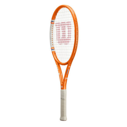 Side view of orange, grey and blue tennis racquet from Wilson. White strings with red Wilson logo. Grey grip. Team in white writing on the side
