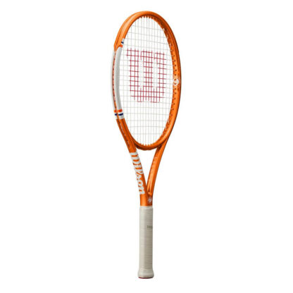 Side view of orange, grey and blue tennis racquet from Wilson. White strings with red Wilson logo. Grey grip. Wilson in greywriting on the side
