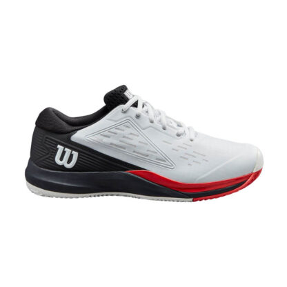 White shoe with black and red details from Wilson. W as in Wilson on the heel on the outer side of the shoe.