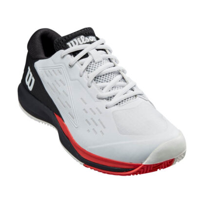 Front view of white shoe with black and red details from Wilson.