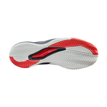 Bottom view of white shoe with black and red details from Wilson.