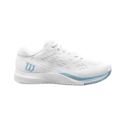 White shoe with baby blue details from Wilson. W as in Wilson on the heel on the outer side of the shoe.