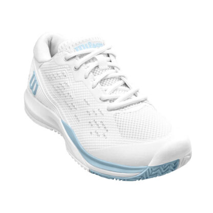 Front view of white shoe with baby blue details from Wilson.
