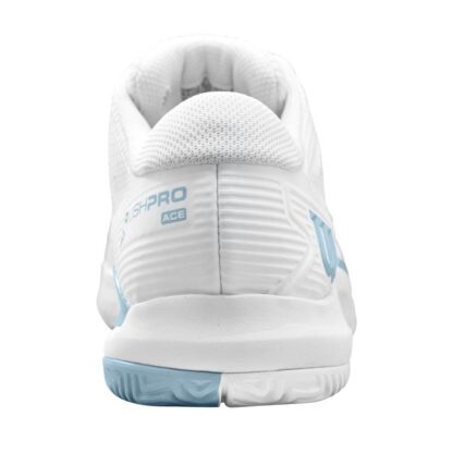 Heel view of white shoe with baby blue details from Wilson.