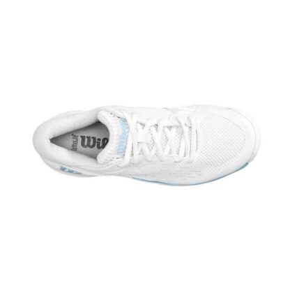 Top view of white shoe with baby blue details from Wilson.