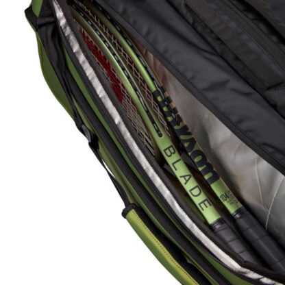 Black and olive racquet bag from Wilson. With space for 15 racquets. With an insulated room for racquets.