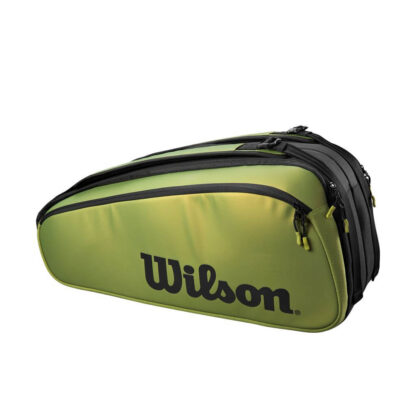 Black and olive racquet bag from Wilson. With space for 9 racquets.