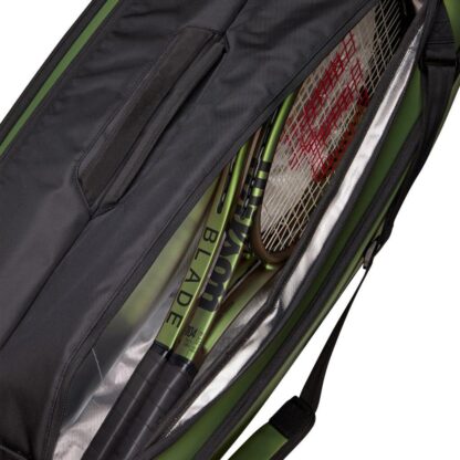Black and olive racquet bag from Wilson. With space for 9 racquets. With an insulated room for racquets.