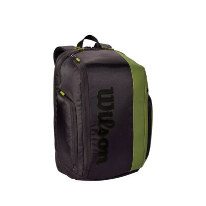Black and olive racquet backpack from Wilson. Wilson logo in black writing on front.