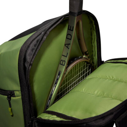 Black and olive racquet backpack from Wilson. With room for racquets