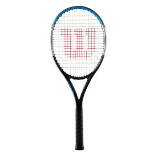 Blue, grey and black tennis racquet from Wilson. White strings with red Wilson logo. Black grip.
