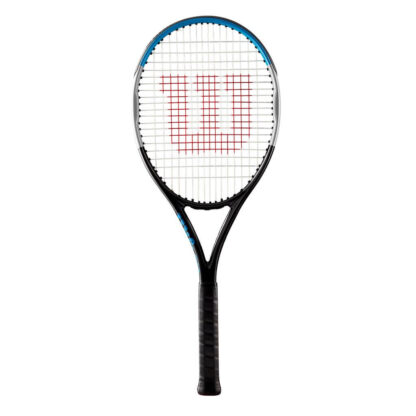 Blue, grey and black tennis racquet from Wilson. White strings with red Wilson logo. Black grip.