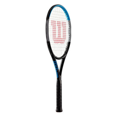 Side view of blue, grey and black tennis racquet from Wilson. White strings with red Wilson logo. Black grip. Wilson in blue writing on the side.