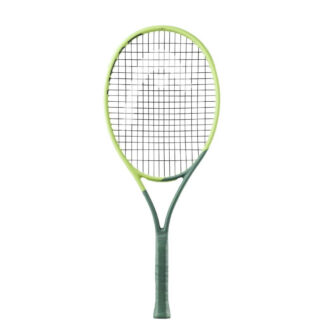 Light green/lime green and sea green tennis racquet from HEAD. Black strings with silver HEAD logo. Sea green coloured grip. 26 inches in height. HEAD Extreme Junior 26 2022.