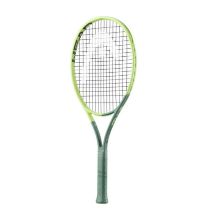 Side view of light green/lime green and sea green tennis racquet from HEAD. Black strings with silver HEAD logo. Sea green coloured grip. 26 inches in height. HEAD Extreme Junior 26 2022.