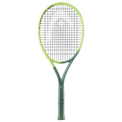 Light green/lime green and sea green tennis racquet from HEAD. Black strings with silver HEAD logo. Sea green coloured grip. HEAD Extreme MP 2022.