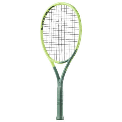 Side view of light green/lime green and sea green tennis racquet from HEAD. Black strings with silver HEAD logo. Sea green coloured grip. HEAD Extreme MP 2022.
