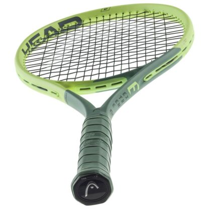 View from grip of light green/lime green and sea green tennis racquet from HEAD. Black strings with silver HEAD logo. Sea green coloured grip. HEAD Extreme MP 2022.