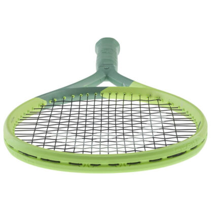 Top view of light green/lime green and sea green tennis racquet from HEAD. Black strings with silver HEAD logo. Sea green coloured grip. HEAD Extreme MP 2022.