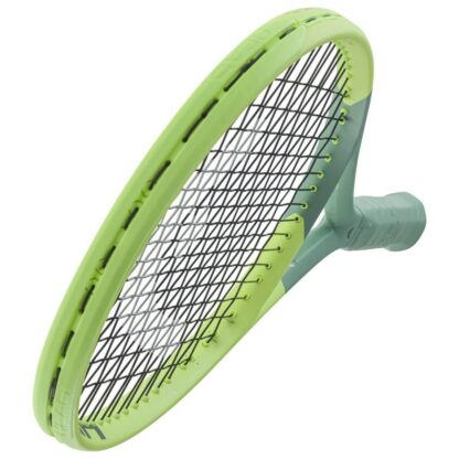 Side view from the top of light green/lime green and sea green tennis racquet from HEAD. Black strings with silver HEAD logo. Sea green coloured grip. HEAD Extreme MP 2022.