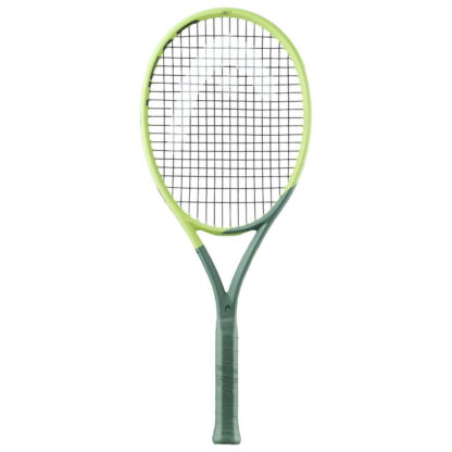 Light green/lime green and sea green tennis racquet from HEAD. Black strings with silver HEAD logo. Sea green coloured grip. HEAD Extreme MP L 2022.