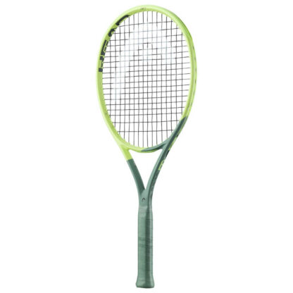 Side view of light green/lime green and sea green tennis racquet from HEAD. Black strings with silver HEAD logo. Sea green coloured grip. HEAD Extreme MP L 2022.
