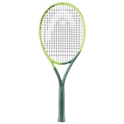 Light green/lime green and sea green tennis racquet from HEAD. Black strings with silver HEAD logo. Sea green coloured grip. HEAD Extreme Team 2022.