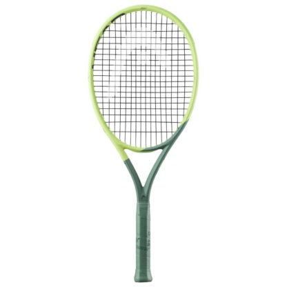 Light green/lime green and sea green tennis racquet from HEAD. Black strings with silver HEAD logo. Sea green coloured grip. HEAD Extreme Team L 2022.