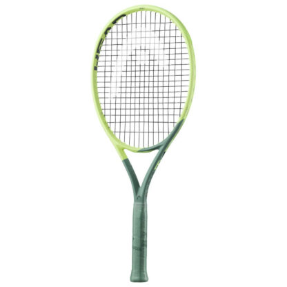 Side view of light green/lime green and sea green tennis racquet from HEAD. Black strings with silver HEAD logo. Sea green coloured grip. HEAD Extreme Team L 2022.