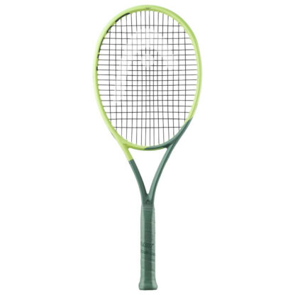 Light green/lime green and sea green tennis racquet from HEAD. Black strings with silver HEAD logo. Sea green coloured grip. HEAD Extreme Tour 2022.