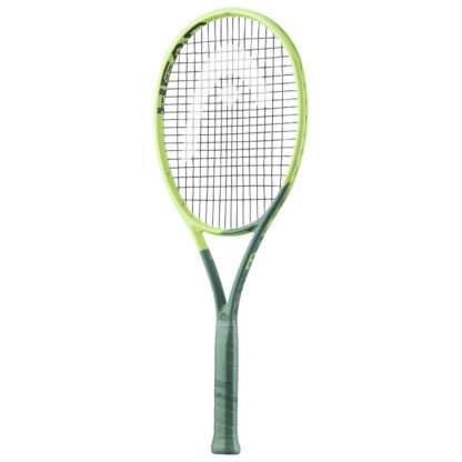 Side view of light green/lime green and sea green tennis racquet from HEAD. Black strings with silver HEAD logo. Sea green coloured grip. HEAD Extreme Tour 2022.