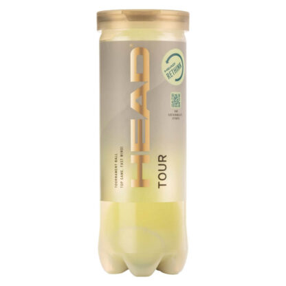 Tube of 3 HEAD tour tennis balls in half transparent with shorter sleeve that is also easier to recycle. Grey sleeve with HEAD in gold writing.