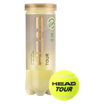 Tube of 3 HEAD tour tennis balls in half transparent with shorter sleeve that is also easier to recycle. Grey sleeve with HEAD in gold writing. With tennis ball on the side.