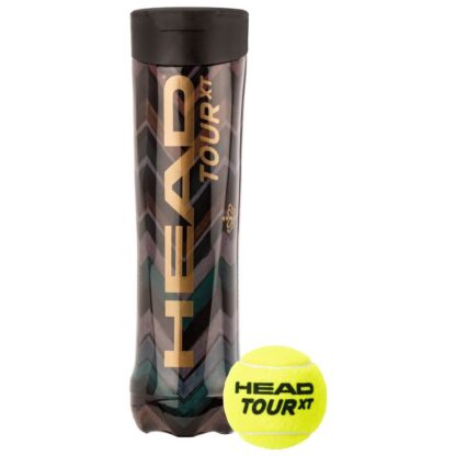 Tube with 4 tennis balls - nice Ole Lynggaard design wrap. With ball by the side. HEAD Tour XT ball.