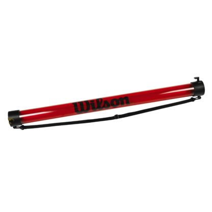 Clear red tube with Wilson in black writing. With black strap. To pick up tennis balls.