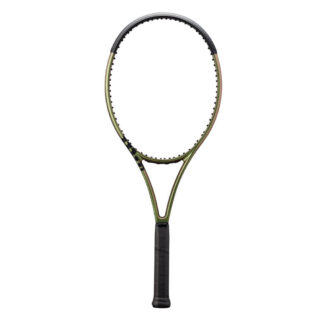 Green iridescent tennis racquet with black top and black grip. Wilson Blade 100 v8.0.