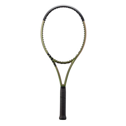 Green iridescent tennis racquet with black top and black grip. Wilson Blade 100 v8.0.