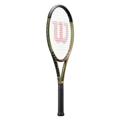Side view of green iridescent tennis racquet with black top and black grip. Wilson Blade 100 v8.0. Wilson in black writing.