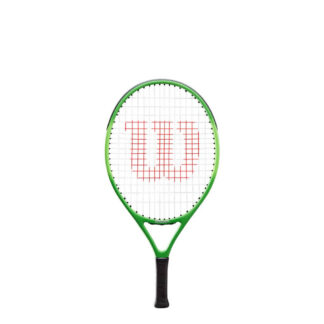 Light green/lime green tennis racquet 21 inch in length. White strings with red Wilson logo. Black grip. Wilson Blade Feel 21.