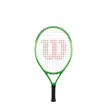 Light green/lime green tennis racquet 21 inch in length. White strings with red Wilson logo. Black grip. Wilson Blade Feel 21.