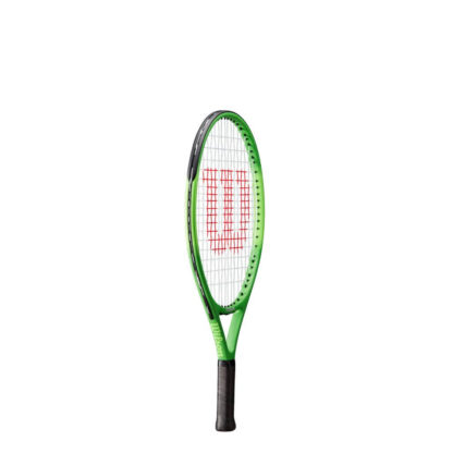 Side view of light green/lime green tennis racquet 21 inch in length. White strings with red Wilson logo. Black grip. Wilson Blade Feel 21. Wilson written on the side in a lighter green colour.