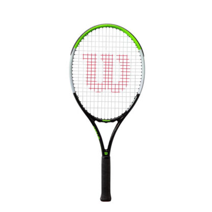 Black, grey and lime green tennis racquet 25 inch length. White strings with red Wilson logo. Black grip. Wilson Blade Feel 25.