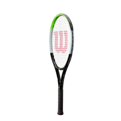 Side view of black, grey and lime green tennis racquet 25 inch length. White strings with red Wilson logo. Black grip. Wilson Blade Feel 25. Blade in grey writing on the side.