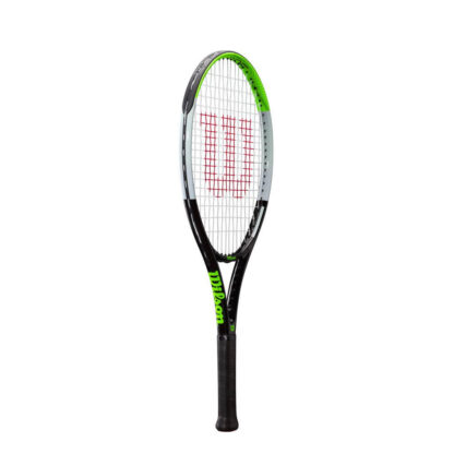 Side view of black, grey and lime green tennis racquet 25 inch length. White strings with red Wilson logo. Black grip. Wilson Blade Feel 25. Wilson in lime green writing on the side.