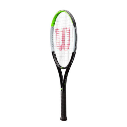 Side view of black, grey and lime green tennis racquet 26 inch length. White strings with red Wilson logo. Black grip. Wilson Blade Feel 26. Blade in grey writing on the side.