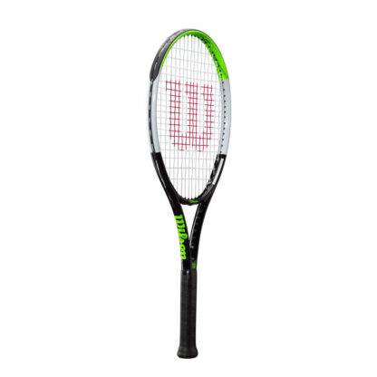 Side view of black, grey and lime green tennis racquet 26 inch length. White strings with red Wilson logo. Black grip. Wilson Blade Feel 26. Wilson in lime green writing on the side.